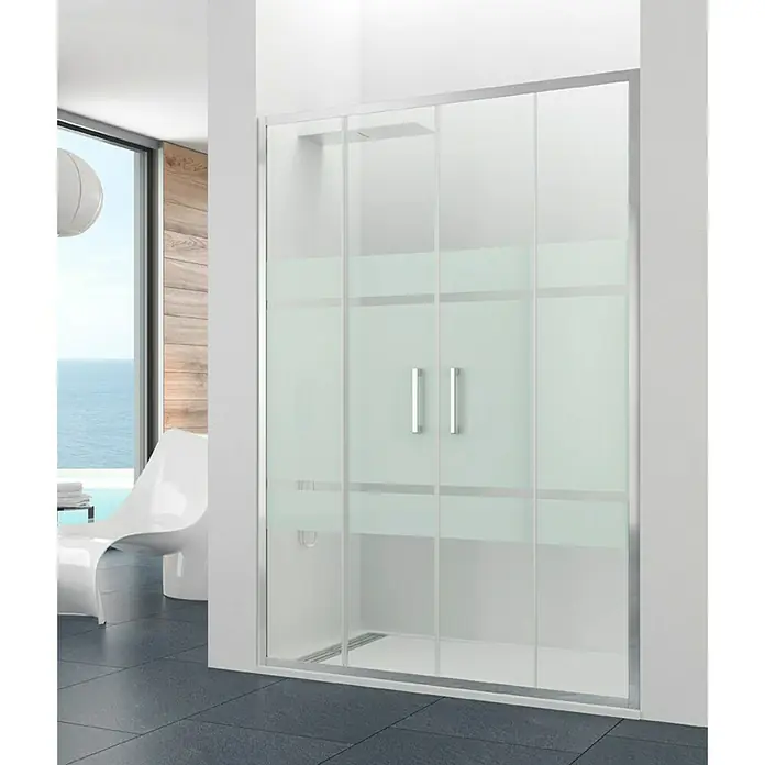 GME Mampara de ducha frontal Prestige Spazio - 140 x 195 cm, Anodizado, Espesor de vidrio: 8 mm, Plata brillo, Vidrio serigrafiado - Un baño moderno con una elegante cabina de ducha con puerta corredera y cristal parcialmente esmerilado para mayor privacidad.