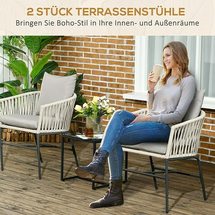 Outsunny Gartenstuhl-Set 2 teilig. - 2 Stk., Stahl, Polyethylen, Polyester, Schaumstoff, Beige