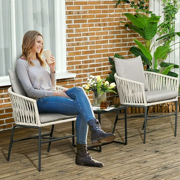 Outsunny Gartenstuhl-Set 2 teilig. - 2 Stk., Stahl, Polyethylen, Polyester, Schaumstoff, Beige