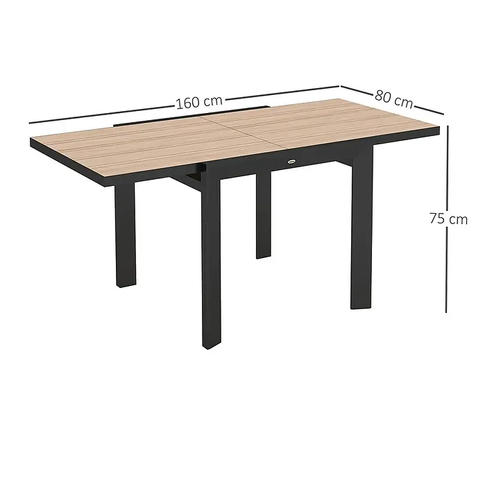 Outsunny Gartentisch Ausziehbar - L x B x H: 80 x 80 x 75 cm, Aluminium, Rechteck, Naturholz, Schwarz