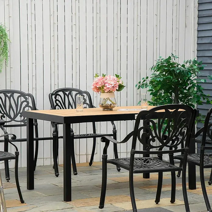 Outsunny Gartentisch in Holzoptik - L x B x H: 140 x 90 x 74 cm, Aluminium, Kunststoff, Rechteck, Naturholz, Schwarz