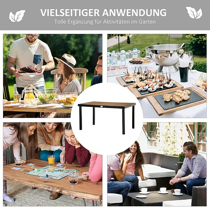 Outsunny Gartentisch in Holzoptik - L x B x H: 140 x 90 x 74 cm, Aluminium, Kunststoff, Rechteck, Naturholz, Schwarz