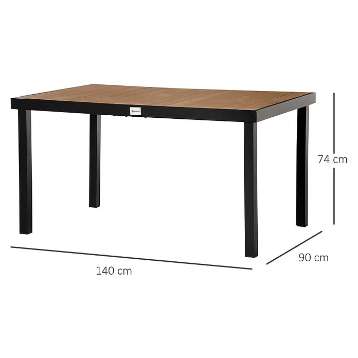 Outsunny Gartentisch in Holzoptik - L x B x H: 140 x 90 x 74 cm, Aluminium, Kunststoff, Rechteck, Naturholz, Schwarz