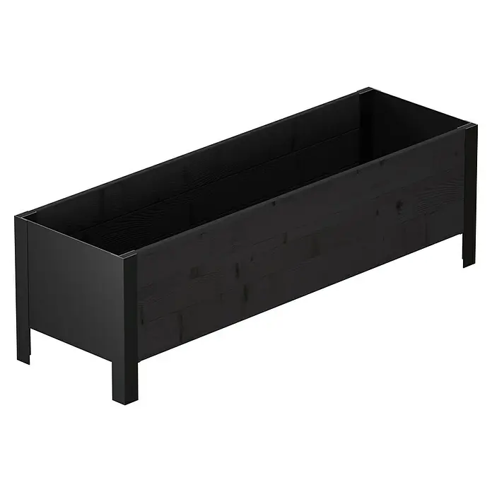 Upyard Macetero para plantas Modernbox Niedrig - 118 x 36 x 32 cm, Madera, Negro - Jardinera elevada de madera gris oscuro con detalles metálicos en las esquinas y patas cortas.