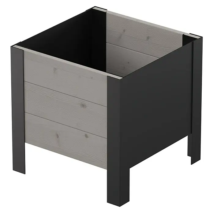 Upyard Pflanzkasten Modernbox niedrig - 36 x 36 x 32 cm, Holz, Grau/Schwarz - Quadratisches Hochbeet mit hellgrauen Holzbrettern und dunkelgrauem Rahmen.