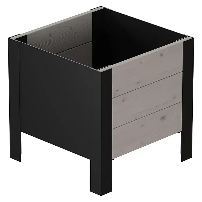 Upyard Pflanzkasten Modernbox niedrig - 36 x 36 x 32 cm, Holz, Grau/Schwarz - Rechteckiges Hochbeet mit hellgrauen Holzpaneelen und dunkelgrauem Metallrahmen.