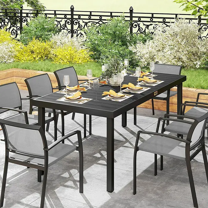 Outsunny Gartentisch in Holzoptik, Schwarz - L x B x H: 190 x 90 x 74 cm, Aluminium, Kunststoff, Rechteck, Schwarz