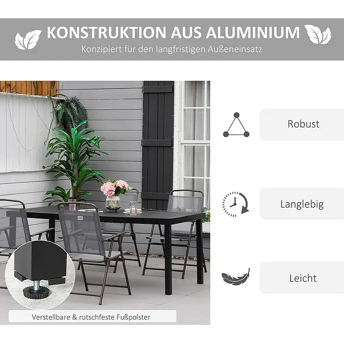 Outsunny Gartentisch in Holzoptik, Schwarz - L x B x H: 190 x 90 x 74 cm, Aluminium, Kunststoff, Rechteck, Schwarz