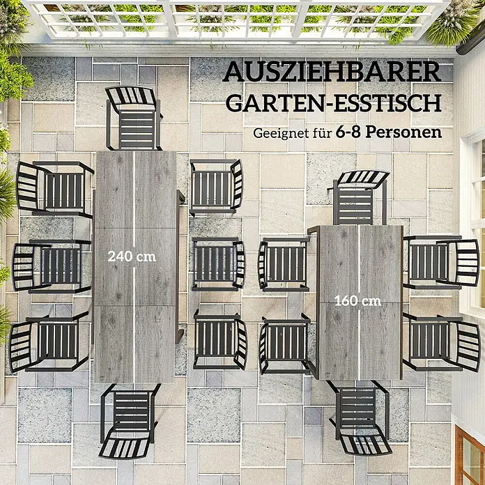 Outsunny Gartentisch Ausziehbar - L x B x H: 160 x 90 x 74 cm, Aluminium, Stahl, Kunststoff, Rechteck, Grau, Schwarz