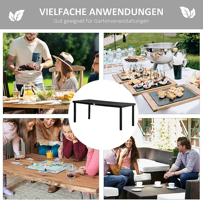 Outsunny Gartentisch in Holzoptik, Schwarz - L x B x H: 190 x 90 x 74 cm, Aluminium, Kunststoff, Rechteck, Schwarz