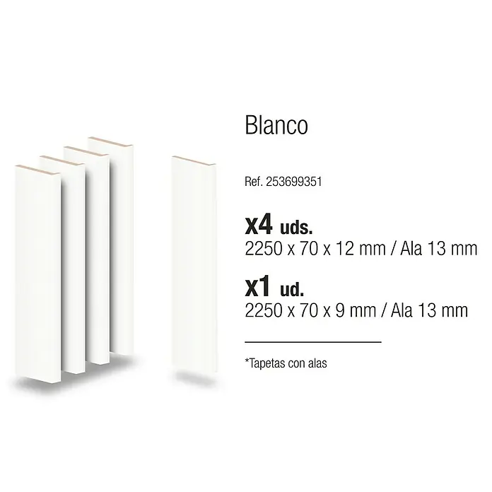 Tapeta con ala 12/9 - 70 x 2.250 mm, Blanco, 5 ud. - Imagen del producto de molduras blancas, que consta de cuatro molduras de 2250 x 70 x 12 mm y una moldura de 2250 x 70 x 9 mm.