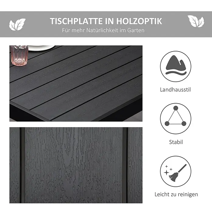 Outsunny Gartentisch in Holzoptik, Schwarz - L x B x H: 190 x 90 x 74 cm, Aluminium, Kunststoff, Rechteck, Schwarz