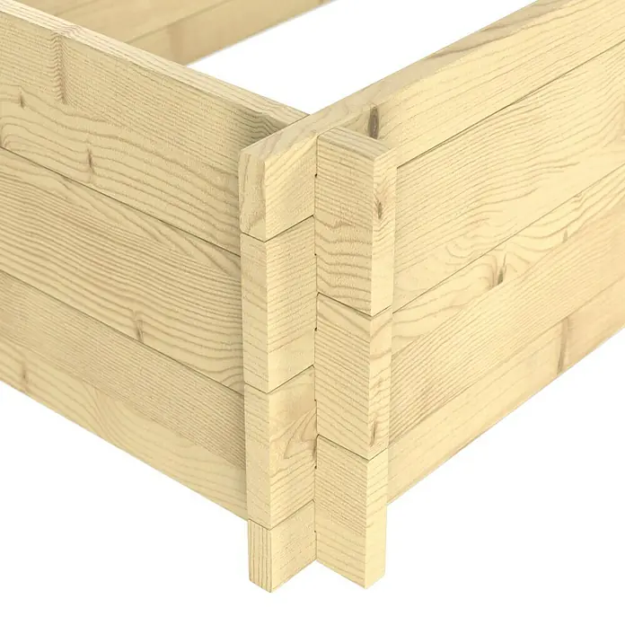 Upyard Hochbeet Multibox - L x B x H: 119 x 59,5 x 29,5 cm, Holz, Natur - Ecke eines hellen Hochbeets aus Holz mit ineinandergreifenden Brettern.