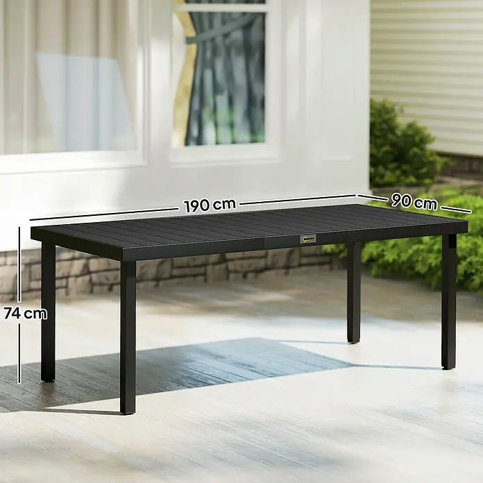 Outsunny Gartentisch in Holzoptik, Schwarz - L x B x H: 190 x 90 x 74 cm, Aluminium, Kunststoff, Rechteck, Schwarz
