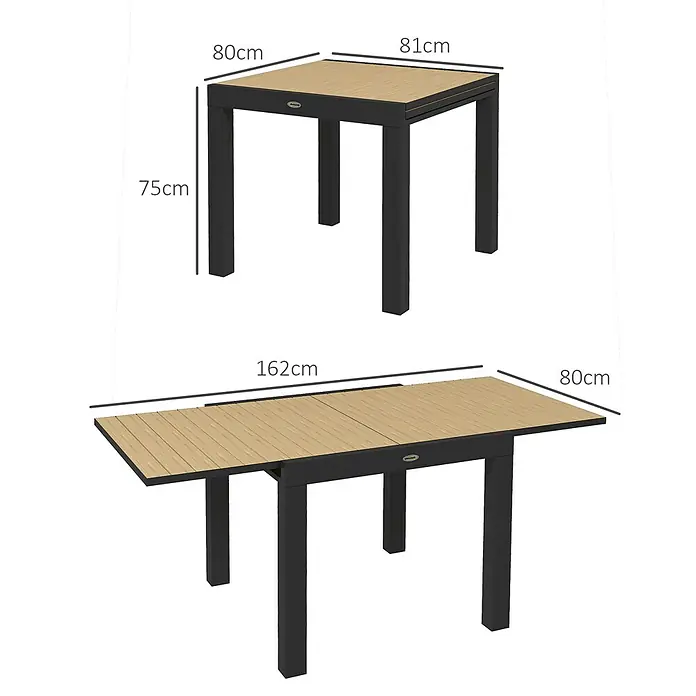 Outsunny Gartentisch Ausziehbar, Holzoptik - L x B x H: 81 x 80 x 75 cm, Aluminium, Rechteck, Gelb, Schwarz