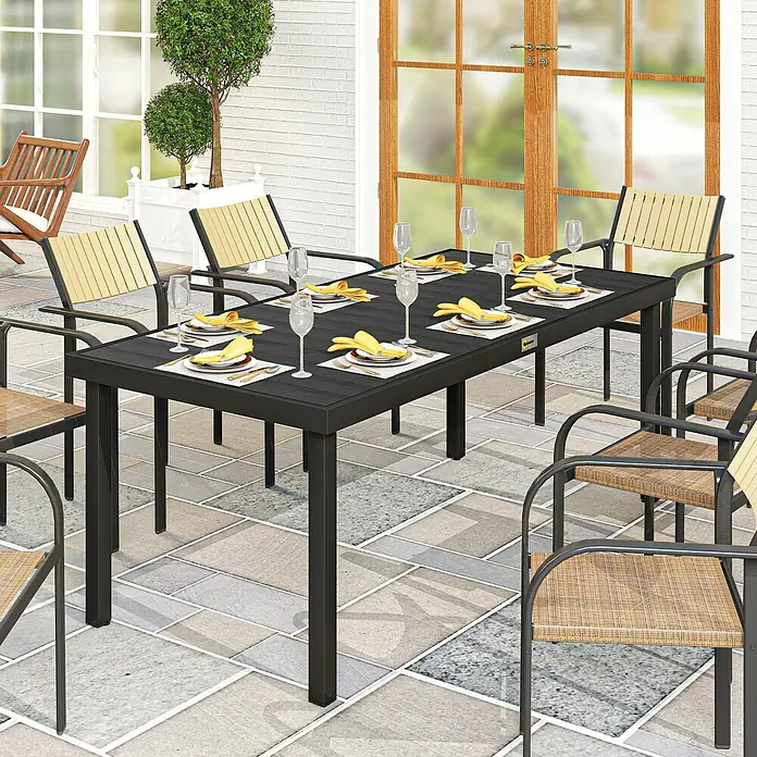Outsunny Gartentisch in Holzoptik, Schwarz - L x B x H: 190 x 90 x 74 cm, Aluminium, Kunststoff, Rechteck, Schwarz