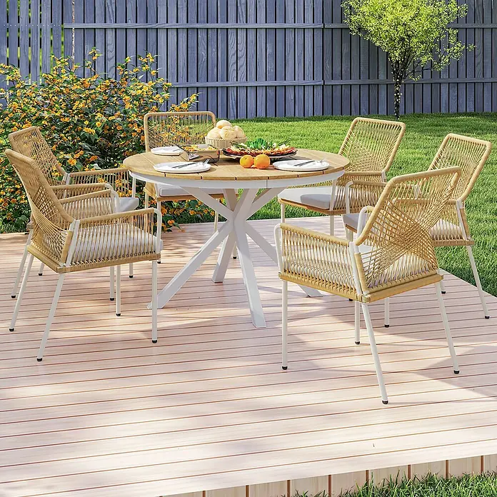 Outsunny Gartentisch mit Verstellbaren Fußpolster - L x B x H: 118 x 118 x 74 cm, Ø x H: 118 x 74 cm, Aluminium, Kunststoff, Rund, Teak, Weiß