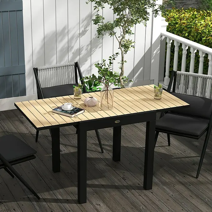 Outsunny Gartentisch Ausziehbar, Holzoptik - L x B x H: 81 x 80 x 75 cm, Aluminium, Rechteck, Gelb, Schwarz