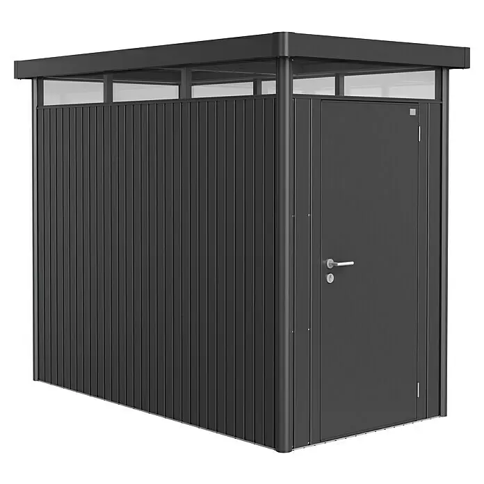 Biohort HighLine Gerätehaus HS - Dunkelgrau Metallic, Außenbreite inkl. Dachüberstand: 155 cm, Außentiefe inkl. Dachüberstand: 275 cm, Stahl - Diagonale Ansicht