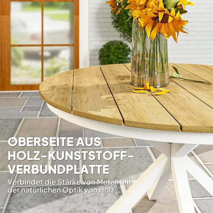 Outsunny Gartentisch mit Verstellbaren Fußpolster - L x B x H: 118 x 118 x 74 cm, Ø x H: 118 x 74 cm, Aluminium, Kunststoff, Rund, Teak, Weiß