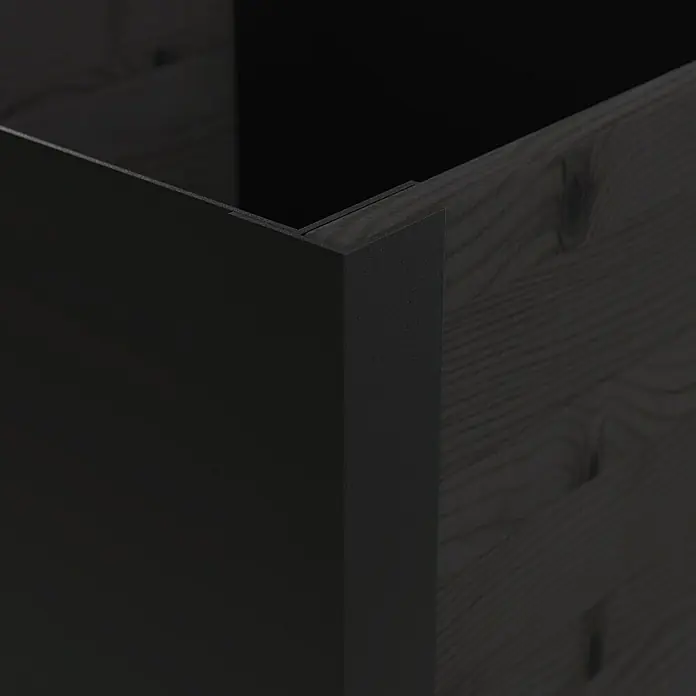 Upyard Pflanzkasten Modernbox niedrig - 36 x 36 x 32 cm, Holz, Schwarz - Dunkelgraue Möbel-Ecke mit einer texturierten schwarzen Platte und einer dunklen Holzmaserung.