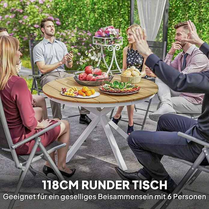Outsunny Gartentisch mit Verstellbaren Fußpolster - L x B x H: 118 x 118 x 74 cm, Ø x H: 118 x 74 cm, Aluminium, Kunststoff, Rund, Teak, Weiß