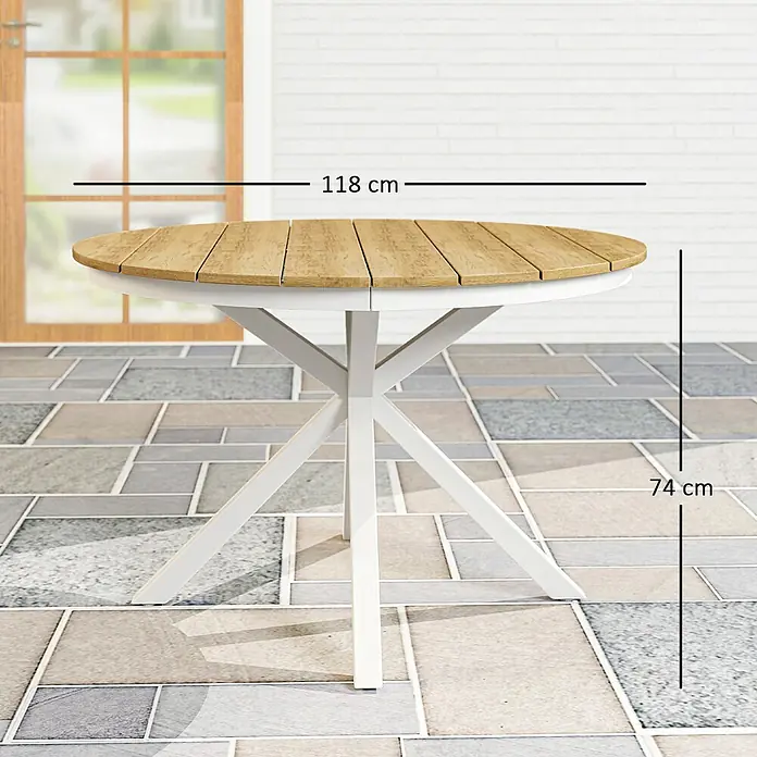 Outsunny Gartentisch mit Verstellbaren Fußpolster - L x B x H: 118 x 118 x 74 cm, Ø x H: 118 x 74 cm, Aluminium, Kunststoff, Rund, Teak, Weiß