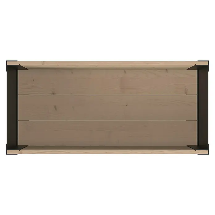 Upyard Pflanzkasten Modernbox niedrig - 78 x 36 x 32 cm, Holz, Braun/Schwarz - Draufsicht auf ein hellbraunes Hochbeet aus Holz mit dunklen Metallecken.