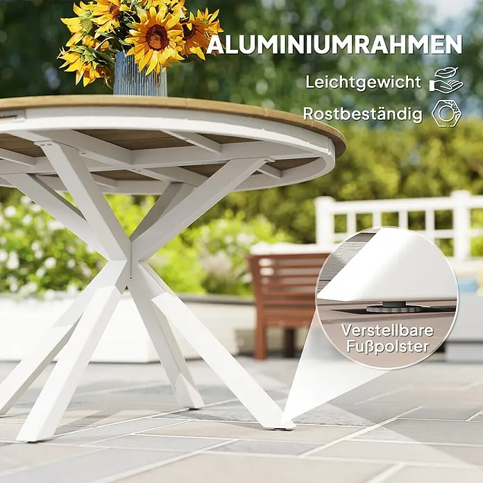 Outsunny Gartentisch mit Verstellbaren Fußpolster - L x B x H: 118 x 118 x 74 cm, Ø x H: 118 x 74 cm, Aluminium, Kunststoff, Rund, Teak, Weiß