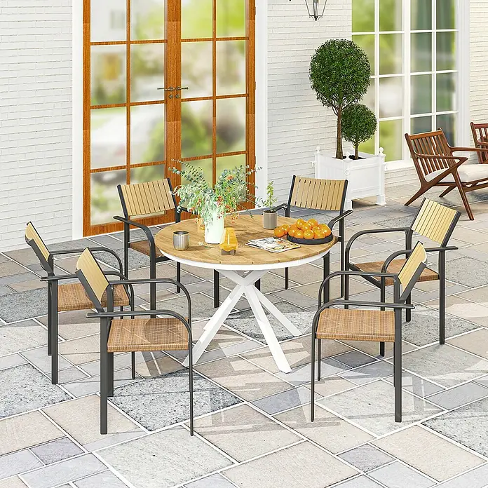 Outsunny Gartentisch mit Verstellbaren Fußpolster - L x B x H: 118 x 118 x 74 cm, Ø x H: 118 x 74 cm, Aluminium, Kunststoff, Rund, Teak, Weiß