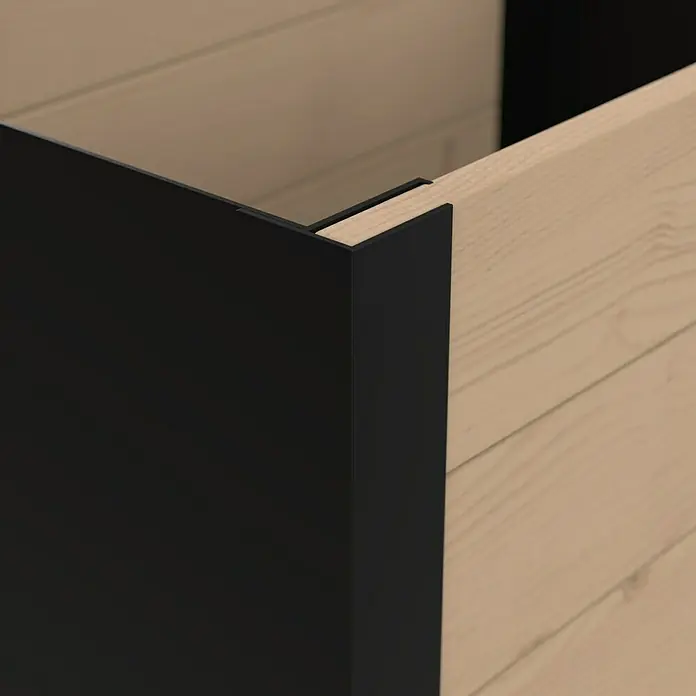 Upyard Pflanzkasten Modernbox niedrig - 58 x 36 x 32 cm, Holz, Braun/Schwarz - Ecke eines hellen Holzhochbeets mit schwarzem Metalleckverbinder.