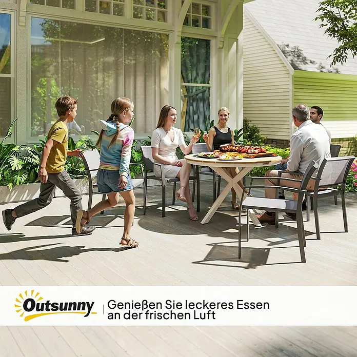 Outsunny Gartentisch mit Verstellbaren Fußpolster - L x B x H: 118 x 118 x 74 cm, Ø x H: 118 x 74 cm, Aluminium, Kunststoff, Rund, Teak, Weiß