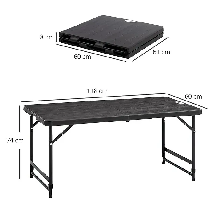 Outsunny Gartentisch mit verstellbarer Höhe - L x B x H: 118 x 60 x 74 cm, Stahl, HDPE, Rechteckig, Dunkelgrau
