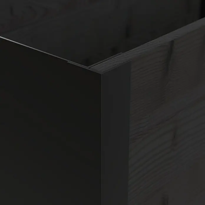 Upyard Pflanzkasten Modernbox niedrig - 78 x 36 x 32 cm, Holz, Schwarz - Nahaufnahme einer dunkelgrauen Möbel-Ecke, mit glatter Platte und Holzmaserungs-Platte verbunden.