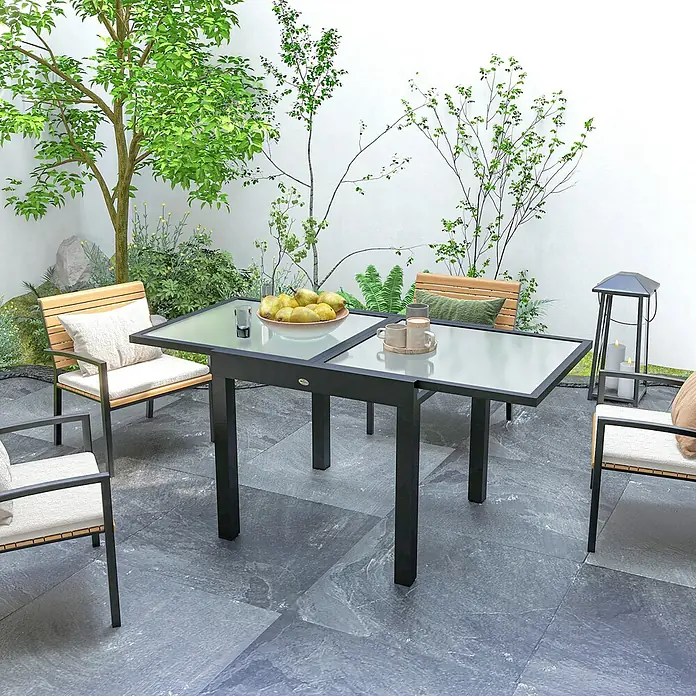 Outsunny Gartentisch Ausziehbar für 8 Personen - L x B x H: 80 x 80 x 75 cm, Metall, Aluminium, gehärtetes Glas, Rechteck, Schwarz