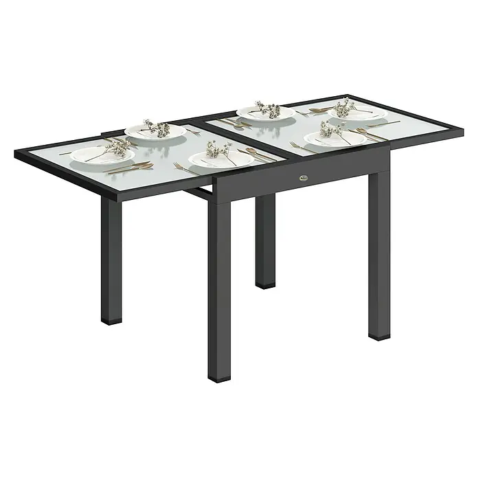 Outsunny Gartentisch Ausziehbar für 8 Personen - L x B x H: 80 x 80 x 75 cm, Metall, Aluminium, gehärtetes Glas, Rechteck, Schwarz