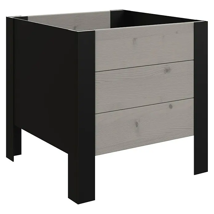 Upyard Pflanzkasten Modernbox niedrig - 36 x 36 x 32 cm, Holz, Grau/Schwarz - Ein rechteckiges Hochbeet mit schwarzem Rahmen und hellgrauen Holzpaneelen.