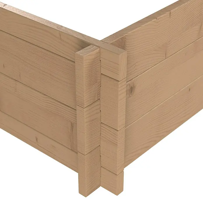 Upyard Hochbeet Multibox - L x B x H: 119 x 119 x 29,5 cm, Holz, Braun - Ecke eines Hochbeets aus hellem Naturholz mit ineinandergreifenden horizontalen Brettern.