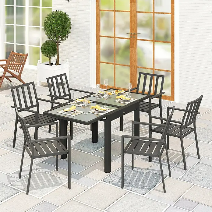 Outsunny Gartentisch Ausziehbar für 8 Personen - L x B x H: 80 x 80 x 75 cm, Metall, Aluminium, gehärtetes Glas, Rechteck, Schwarz