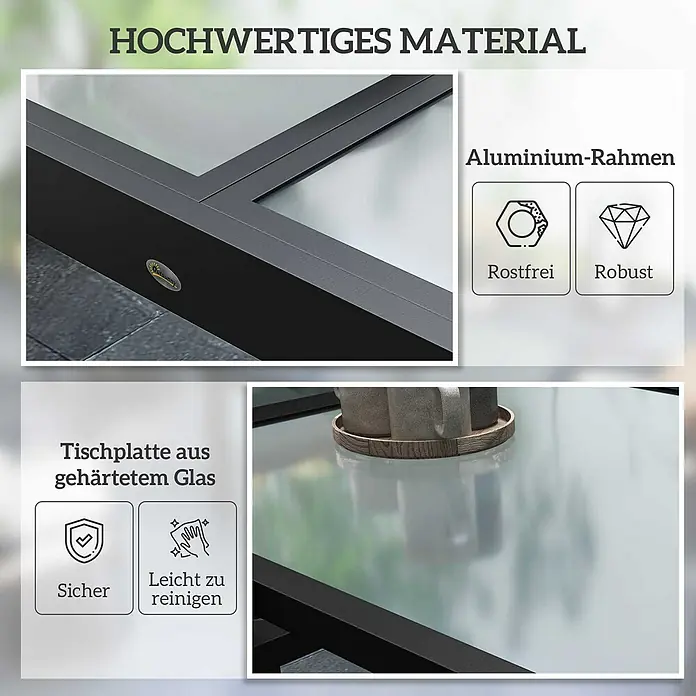 Outsunny Gartentisch Ausziehbar für 8 Personen - L x B x H: 80 x 80 x 75 cm, Metall, Aluminium, gehärtetes Glas, Rechteck, Schwarz