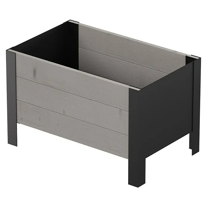 Upyard Pflanzkasten Modernbox niedrig - 58 x 36 x 32 cm, Holz, Grau/Schwarz - Rechteckiges Hochbeet mit hellgrauen Holzlatten und schwarzem Metallrahmen mit Beinen.