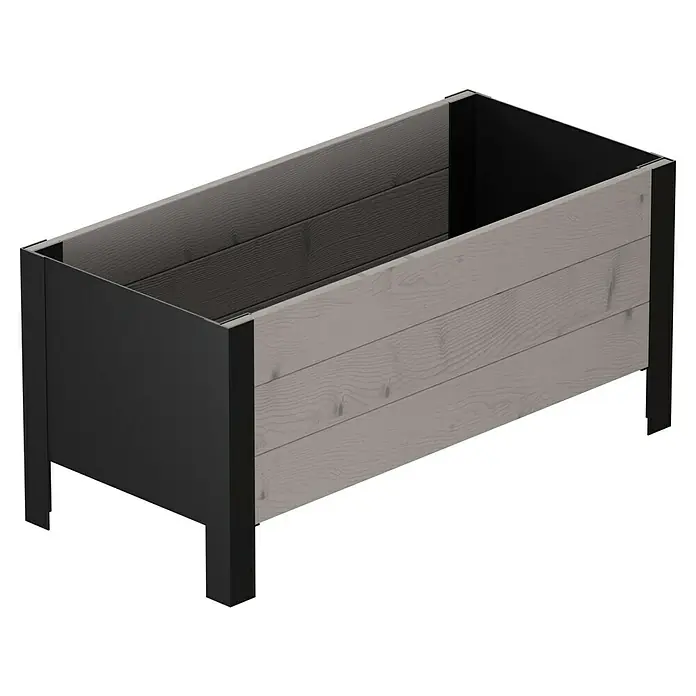 Upyard Macetero para plantas Modernbox Niedrig - 78 x 36 x 32 cm, Madera, Gris - Jardinera rectangular con lados de tablones de madera clara y estructura, patas e interior gris oscuro.