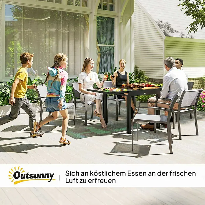 Outsunny Gartentisch Ausziehbar für 8 Personen - L x B x H: 80 x 80 x 75 cm, Metall, Aluminium, gehärtetes Glas, Rechteck, Schwarz