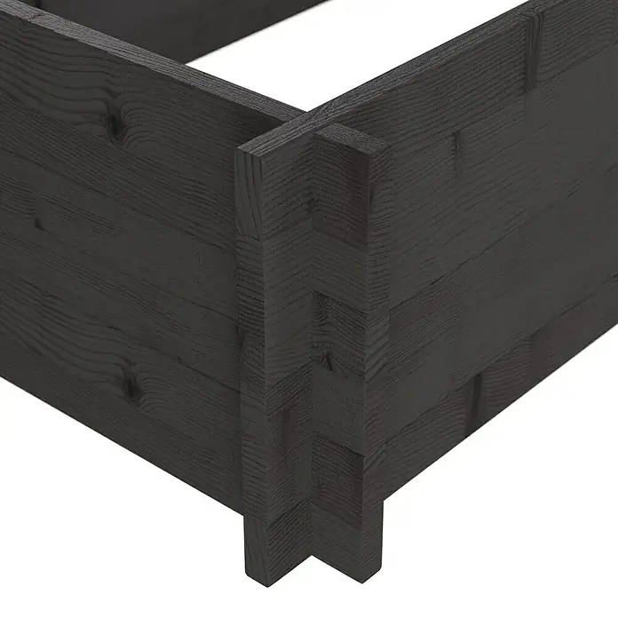 Upyard Hochbeet Multibox - L x B x H: 119 x 59,5 x 29,5 cm, Holz, Schwarz - Ecke eines dunkelgrauen Holzrahmens mit sichtbarer Maserung und stabilen Verzinkungen.