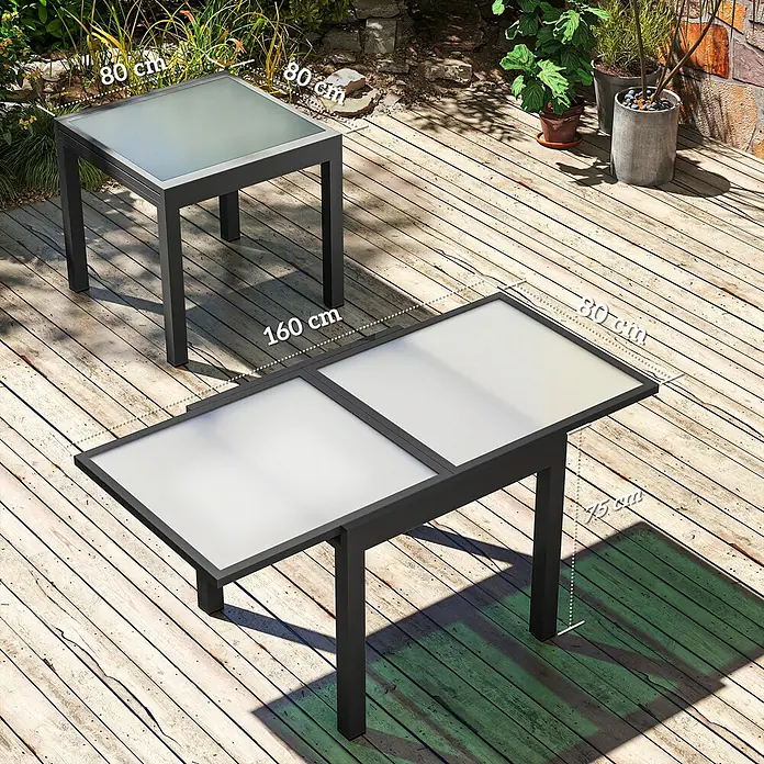 Outsunny Gartentisch Ausziehbar für 8 Personen - L x B x H: 80 x 80 x 75 cm, Metall, Aluminium, gehärtetes Glas, Rechteck, Schwarz