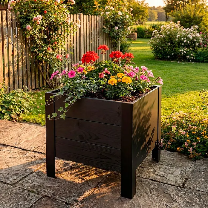 Upyard Pflanzkasten Modernbox niedrig - 36 x 36 x 32 cm, Holz, Schwarz - Schwarzer Holz-Pflanzkasten mit bunten Blumen, auf einer Terrasse im Garten.