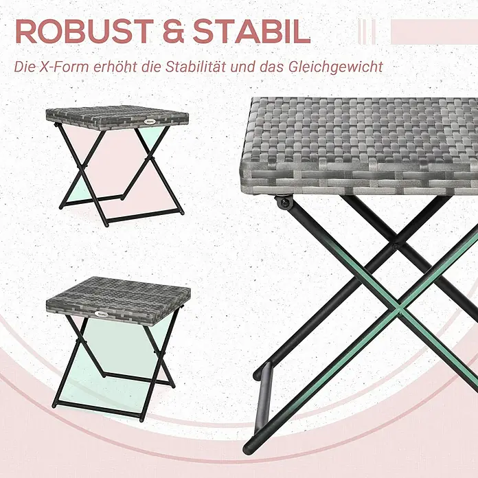 Outsunny Garten-Beistelltisch mit Stahlrahmen - Stahl, PE-Ratten, Klappbar, Quadratisch, Grau