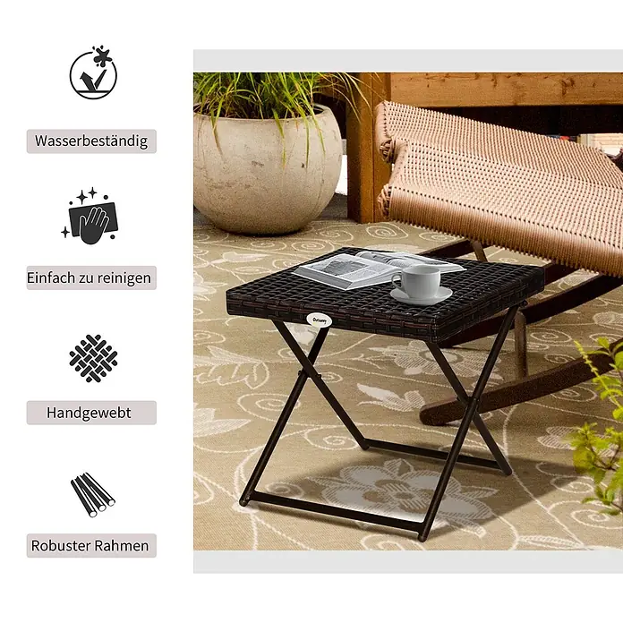 Outsunny Garten-Beistelltisch mit Stahlrahmen - Stahl, PE-Ratten, Klappbar, Quadratisch, Braun
