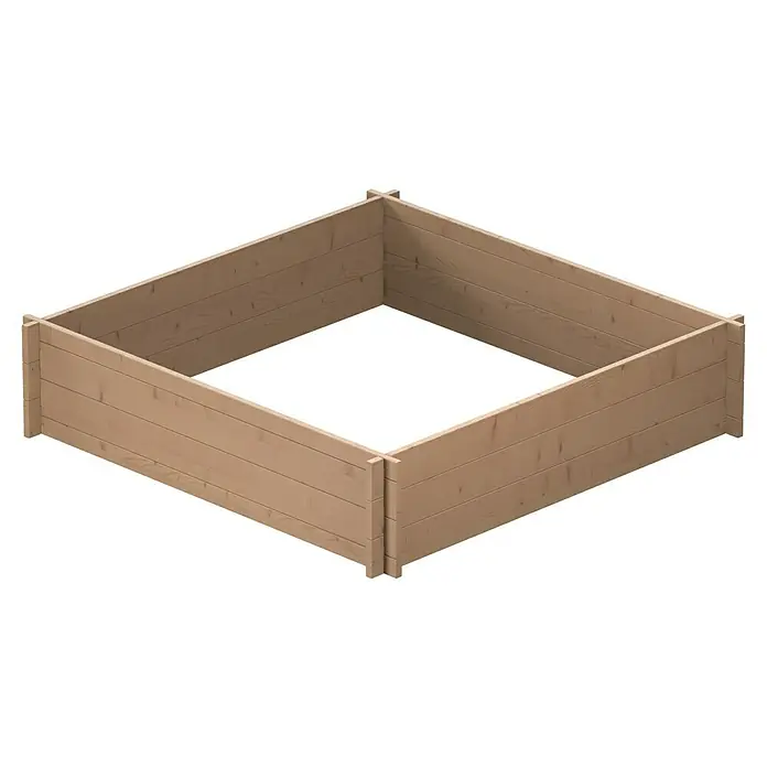Upyard Huerto Multibox - L x An x Al: 119 x 119 x 29,5 cm, Madera, Marrón - Huerto elevado cuadrado de madera clara, hecho de tablas, vista isométrica.