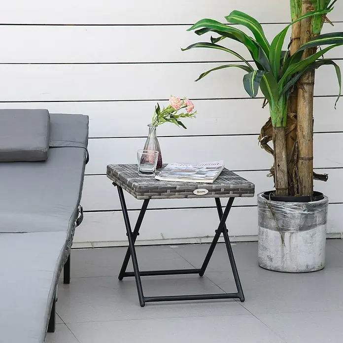 Outsunny Garten-Beistelltisch mit Stahlrahmen - Stahl, PE-Ratten, Klappbar, Quadratisch, Grau